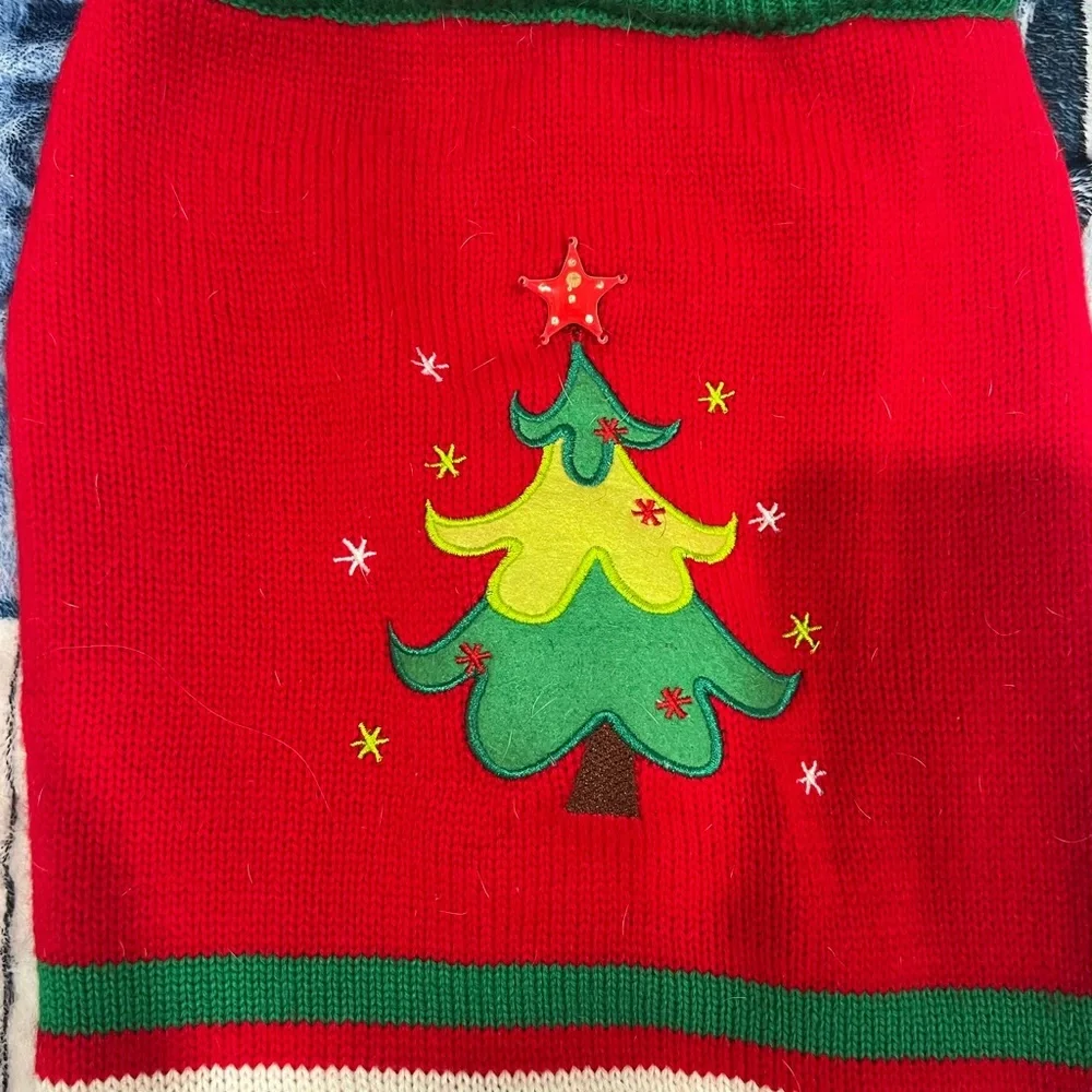 Festive Red Dog Sweater with Christmas Tree Design